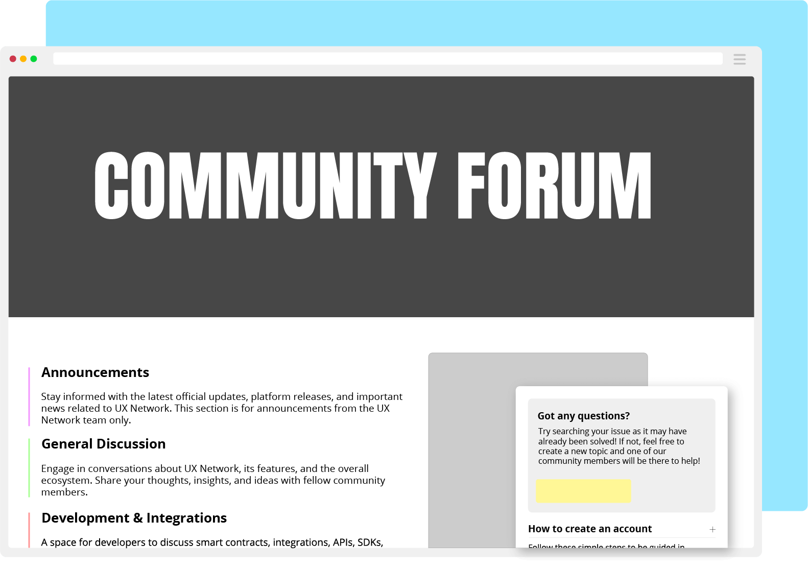 A digital minimalist image of the community forum page with blue highlighted background