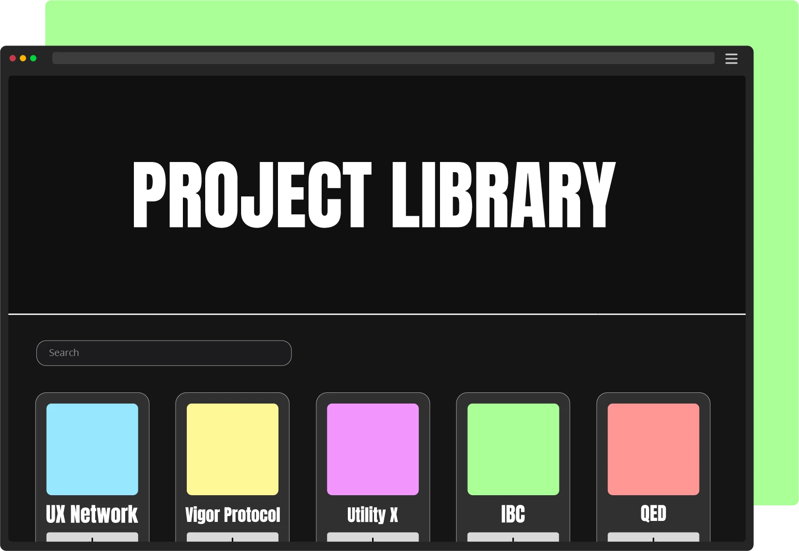 A digital minimalist image of the app project library page with green highlighted background. Ability to get listed within