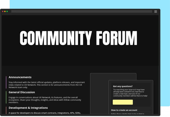 A digital minimalist image of the community forum page with blue highlighted background