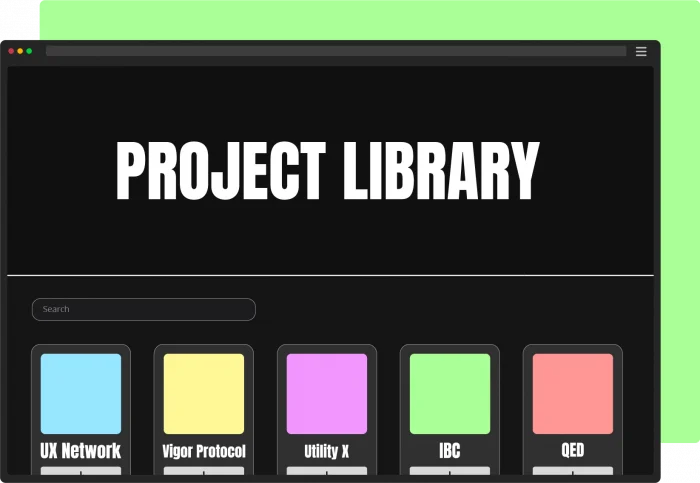 A digital minimalist image of the app project library page with green highlighted background. Ability to get listed within
